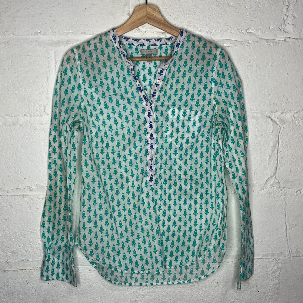 J. Crew Women's Teal Blue White Cotton Thistle Print Popover‎ Size Small